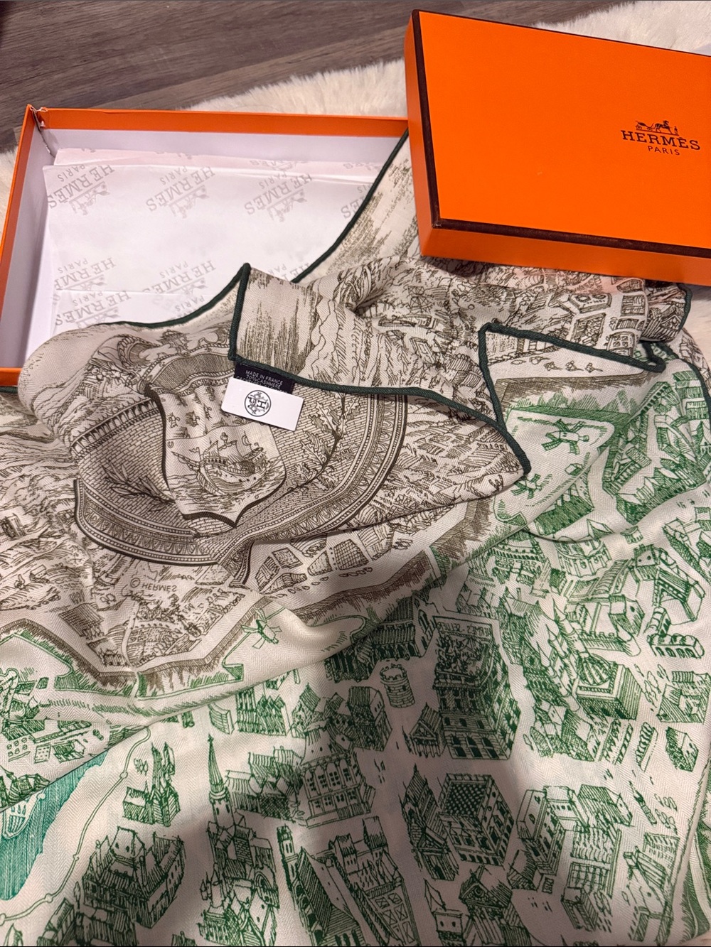 Hermes Green and Cream Scenic Silk Scarf